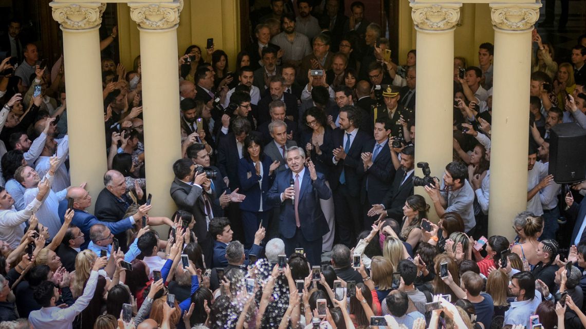 President Alberto Fernández wishes staff at the Casa Rosada happy holidays, on December 23, 2019