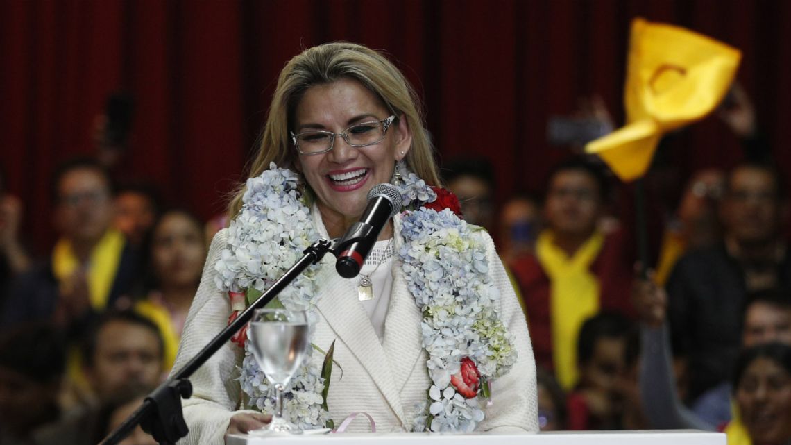 Bolivia's interim President Jeanine Áñez smiles during a ceremony announce her nomination as presidential candidate for the May 3 elections in La Paz, Bolivia, Friday, January 24, 2020