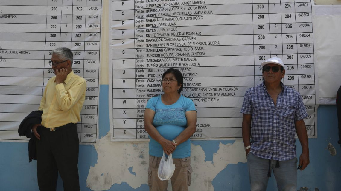 People wait to vote at a school being used as a polling station during congressional elections in Lima, Peru, Sunday, January 26, 2020.