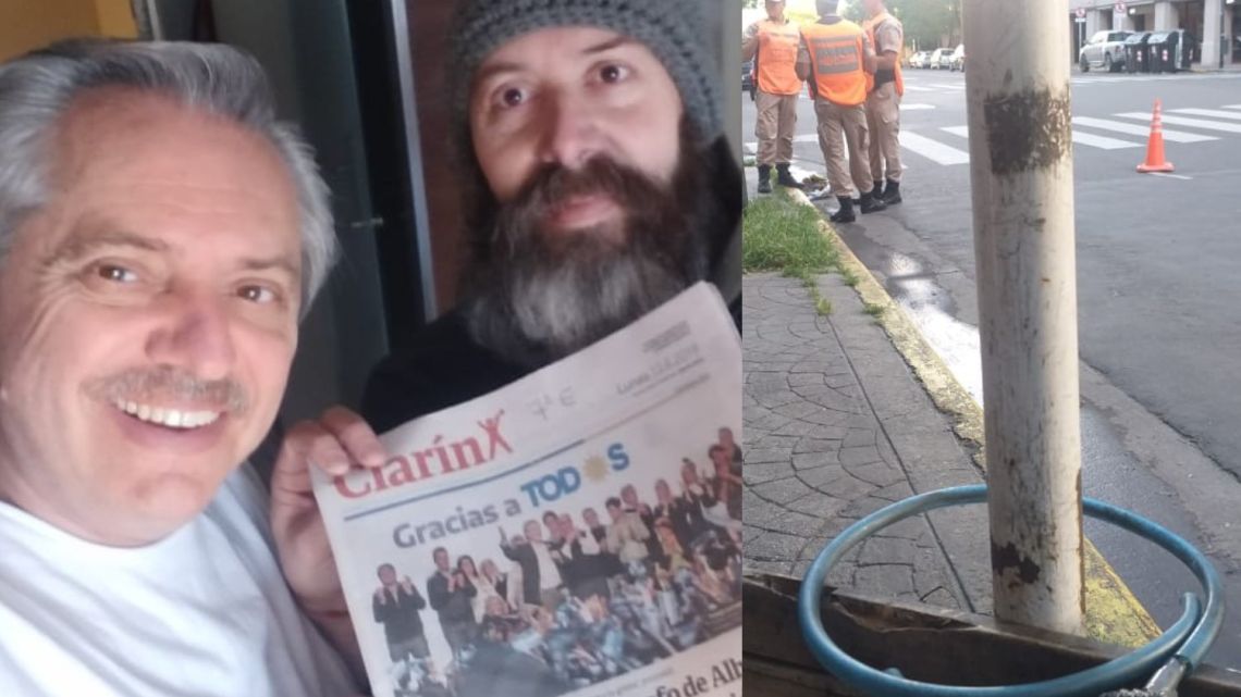 El canillita con Alberto y el lugar donde estaba la bicicleta | Foto:Cedoc