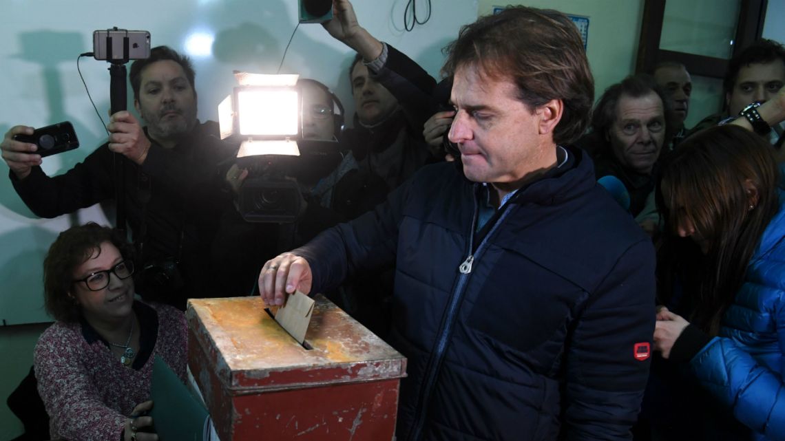 Uruguayan president-elect Luis Lacalle Pou, casts his vote at a polling station during primary elections in Montevideo on June 30, 2019.