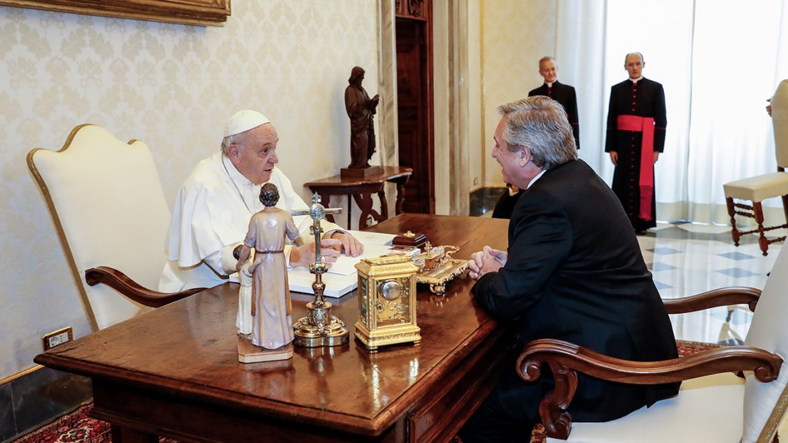 Pope Francis speaks with President Alberto Fernández during a private audience at the Vatican on January 31, 2020.  