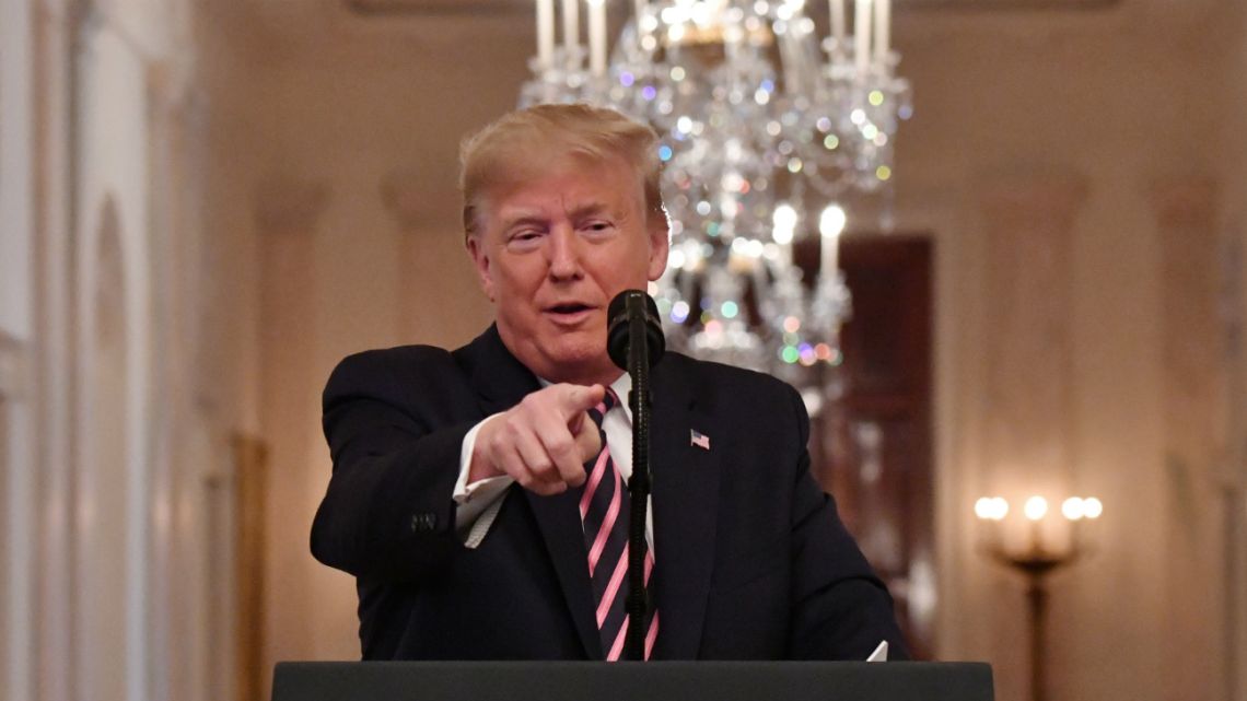 US President Donald Trump speaks about his Senate impeachment trial in the East Room of the White House in Washington, DC, February 6, 2020.