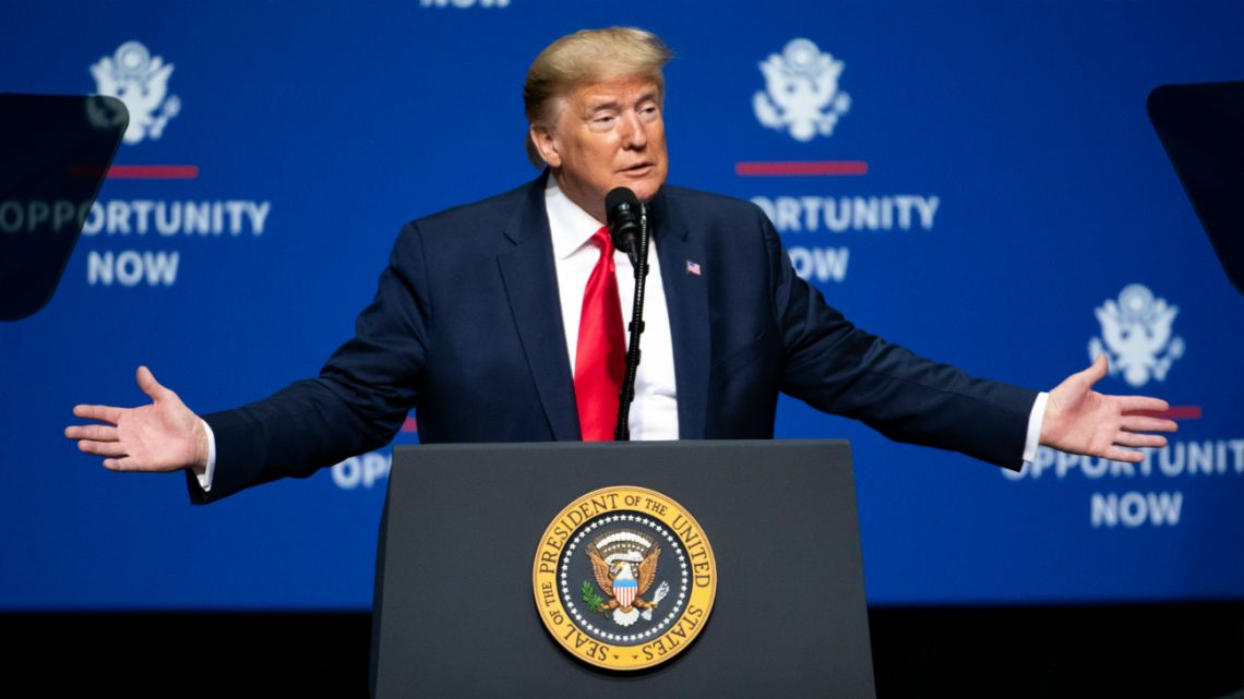 US President Donald Trump addresses the crowd during the Opportunity Now summit at Central Piedmont Community College on February 7, 2020 in Charlotte, North Carolina.