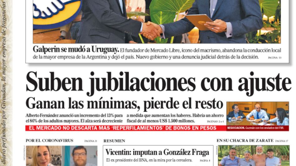La tapa del Diario PERFIL del sábado 15 de febrero de 2020.