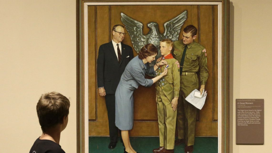This photo shows one of the twenty-three original, Boy Scout-themed Norman Rockwell paintings during an exhibition at the Church History Museum in Salt Lake City, Utah.