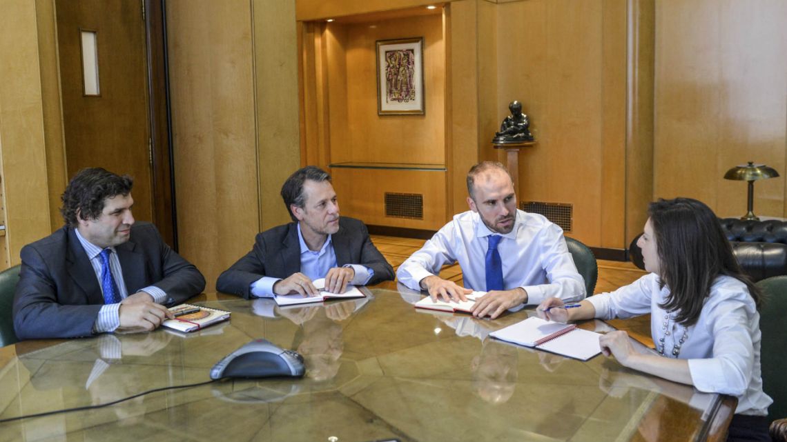 The Minister of Economy, Martín Guzmán, in the Palace of Finance, along with the delegation of the International Monetary Fund (IMF), Julie Kozack, and Luis Cubeddu on February 14 2020