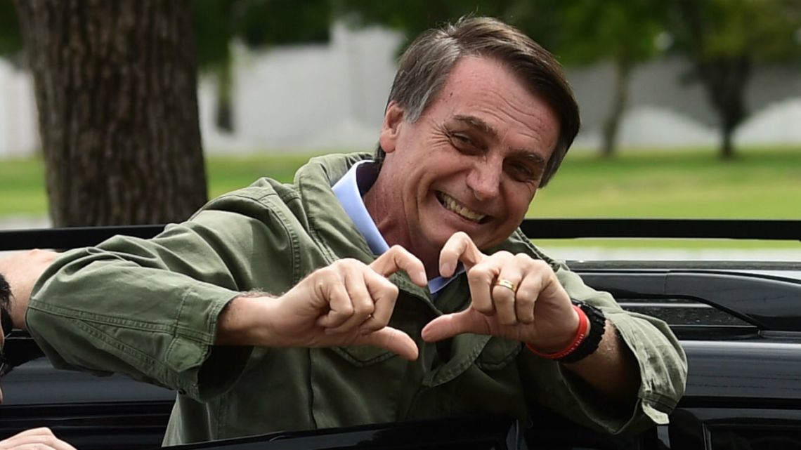 Jair Bolsonaro, then presidential candidate for the Social Liberal Party (PSL), gestures to supporters during the second round of the presidential elections, in Rio de Janeiro, October 28, 2018.