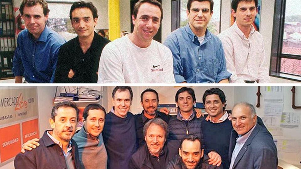1999-2019. Marcos Galperin con el grupo de amigos que fundó Mercado Libre, y el año pasado celebrando con ellos el 20º aniversario de la mayor empresa latinoamericana.