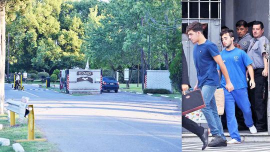El casco. El barrio cerrado donde reside Alejo Milanesi con su familia (izq.), ubicado a 800 metros de donde vive Guarino. Der.: los deportistas, tras quedar libres.