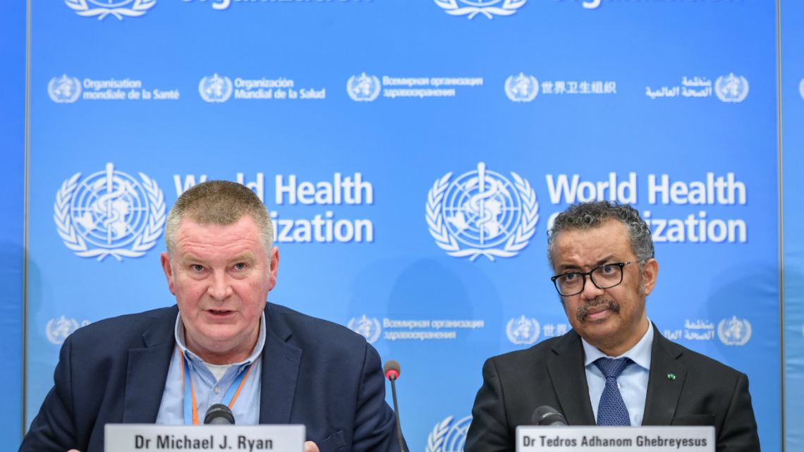 WHO Health Emergencies Programme Director Michael Ryan (Left) and WHO Director-General Tedros Adhanom Ghebreyesus (Right) give a press conference regarding the COVID-19 at Geneva on February 24, 2020. 