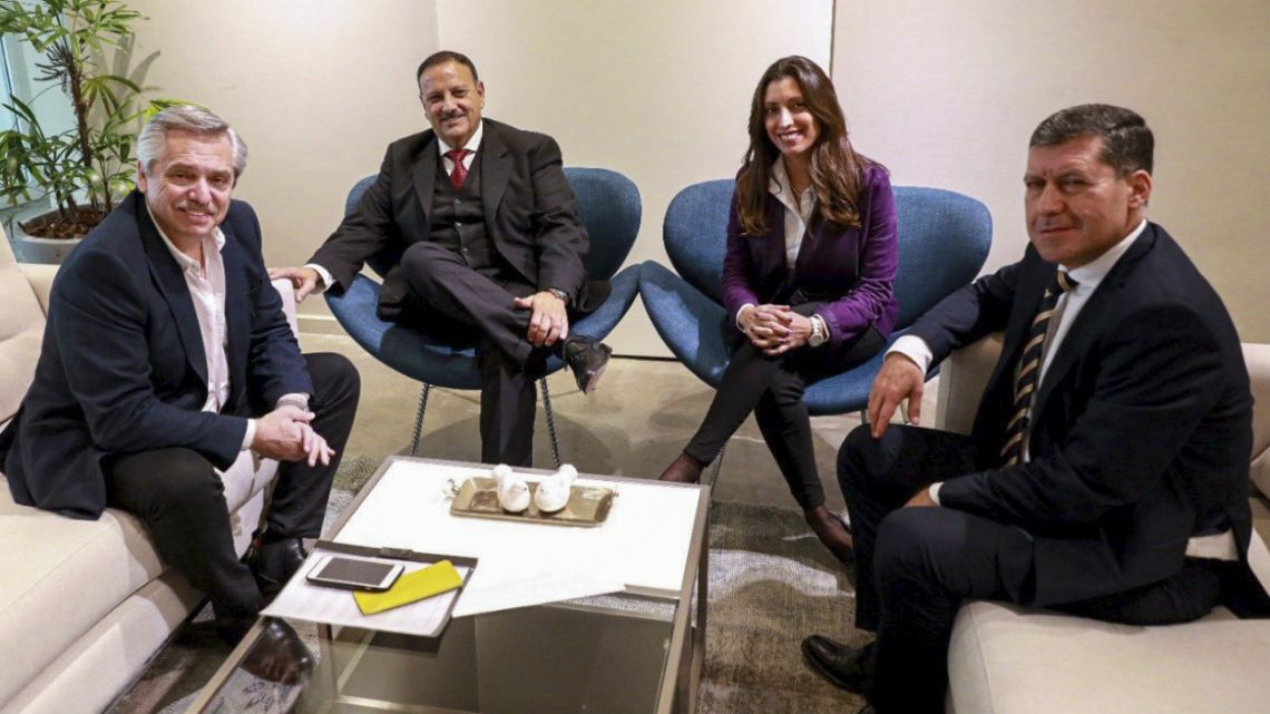 President Alberto Fernández with the former governor of La Rioja, Sergio Casas (left), Florencia Lopez (center) and actual president in that province, Ricardo Quintela (right) and  in November 2019.