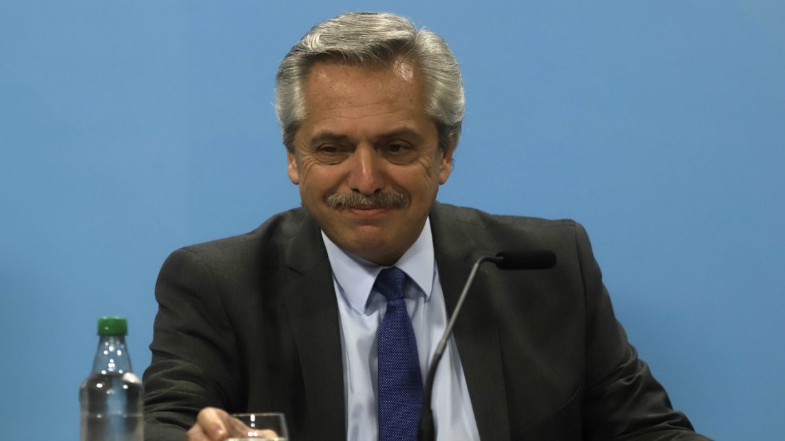 Argentine president Alberto Fernández at a press conference on February 14, 2020.