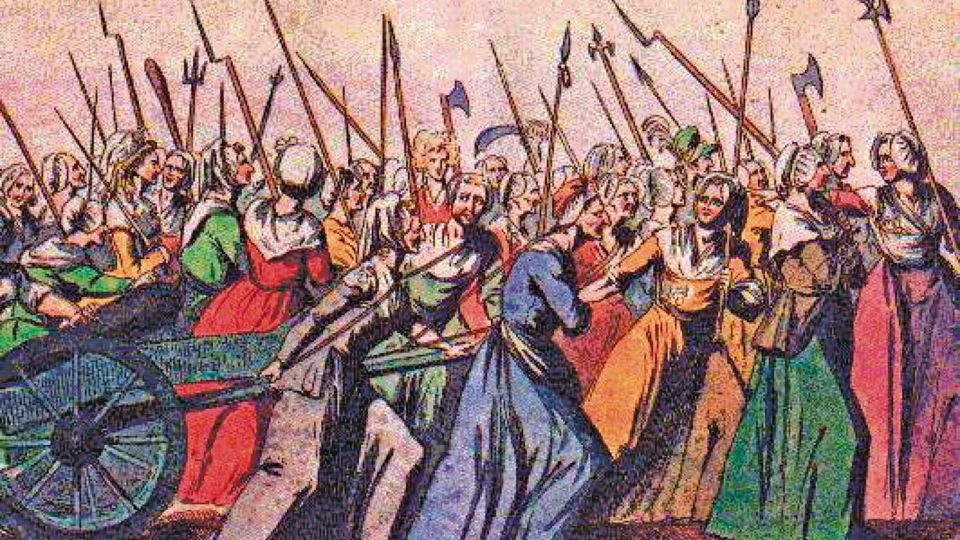 Por un mismo fin. La marcha sobre Versalles en octubre de 1789 donde ellas avanzaron desde París. Su entusiasmo y valentía logró contagiar a los hombres de Lafayette y la Guardia Nacional parisina.