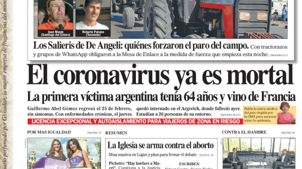 La tapa del Diario PERFIL del domingo 8 de marzo de 2020.