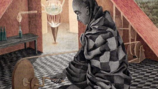 Detalle de la obra El alquimista. El piso se funde con la túnica que a su vez se funde con la piel del personaje.
