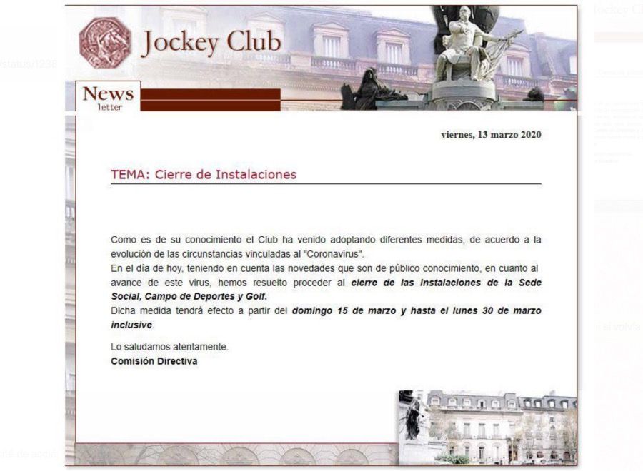 El Jockey Club anuncia por Instagram el cese de actividades deportivas en sedes de Recoleta y San Isidro, desde el 13 de marzo