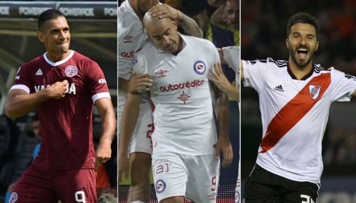 José Sand, Santiago Silva e Ignacio Scocco, goleadores vigentes en la Superliga. / NA