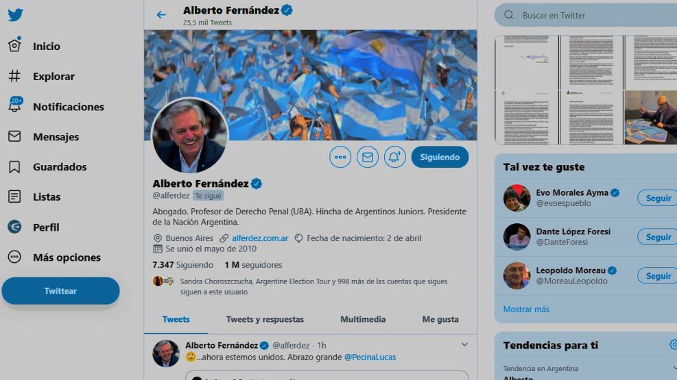 El perfil de Alberto Fernández en Twitter.