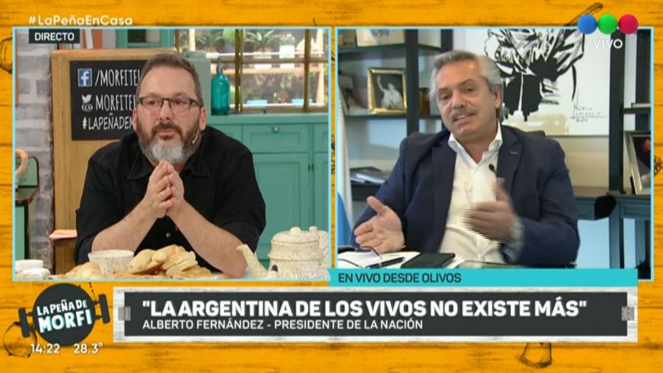 El presidente Alberto Fernández, con Gerardo Rozín en la Peña de Morfi, en Telefe.