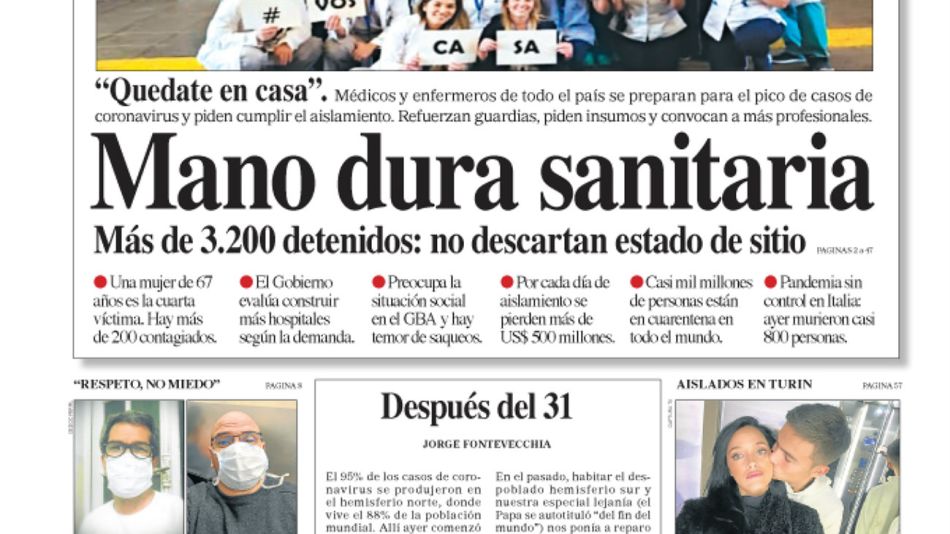 La tapa del Diario PERFIL del domingo 22 de marzo de 2020.