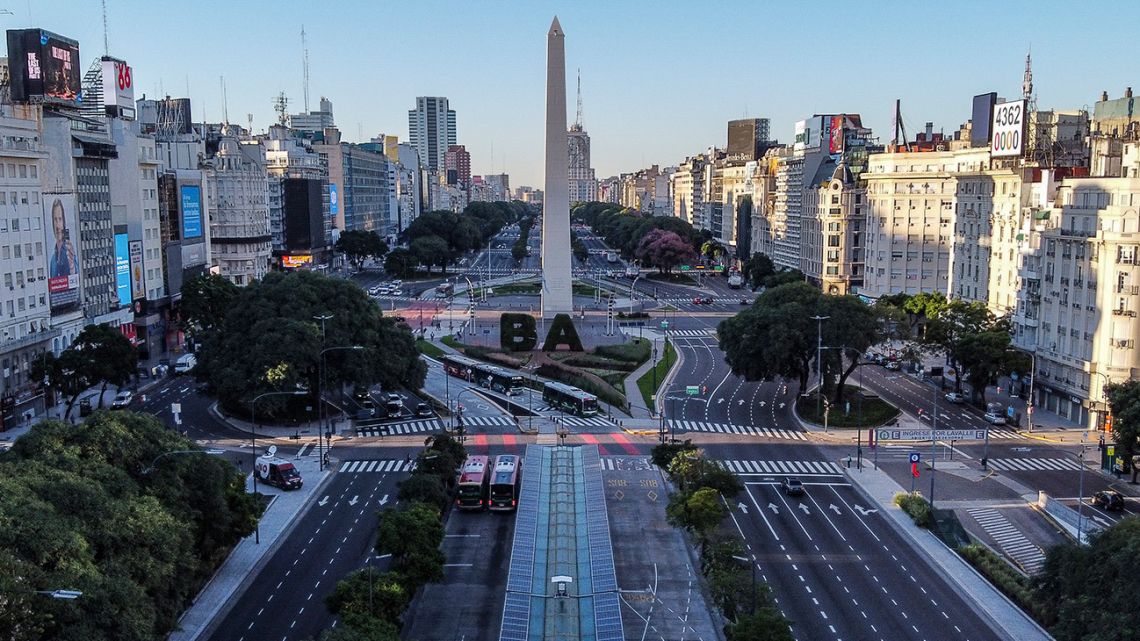 Aerial view of an empty Avenida 9 de Julio in Buenos Aires, on March 20, 2020.