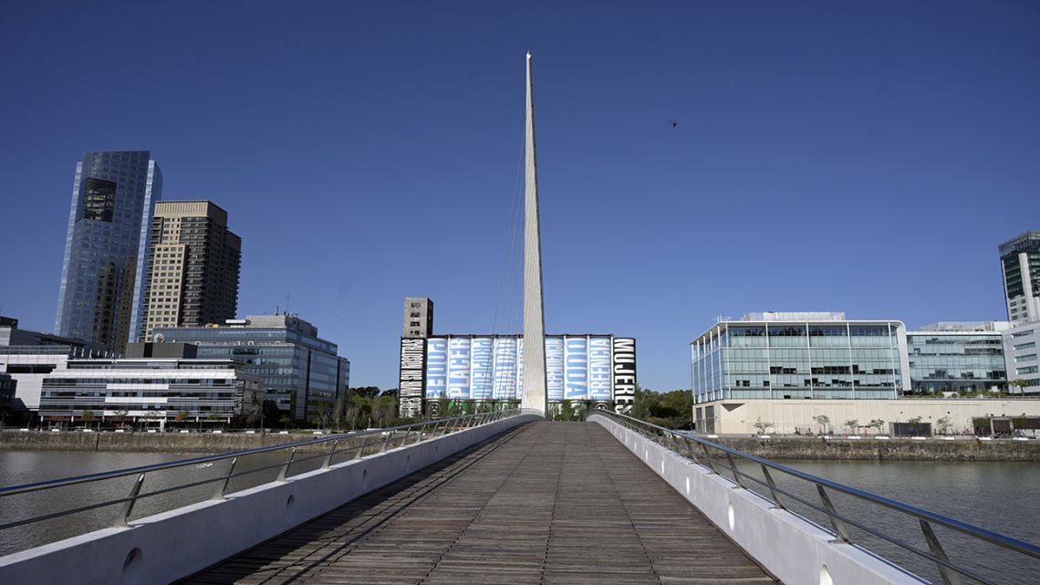 View of the empty Puente de la Mujer rotating footbridge in Puerto Madero neighbourhood in Buenos Aires City, seen on March 20, 2020 during the outbreak of the new coronavirus, Covid-19. 
