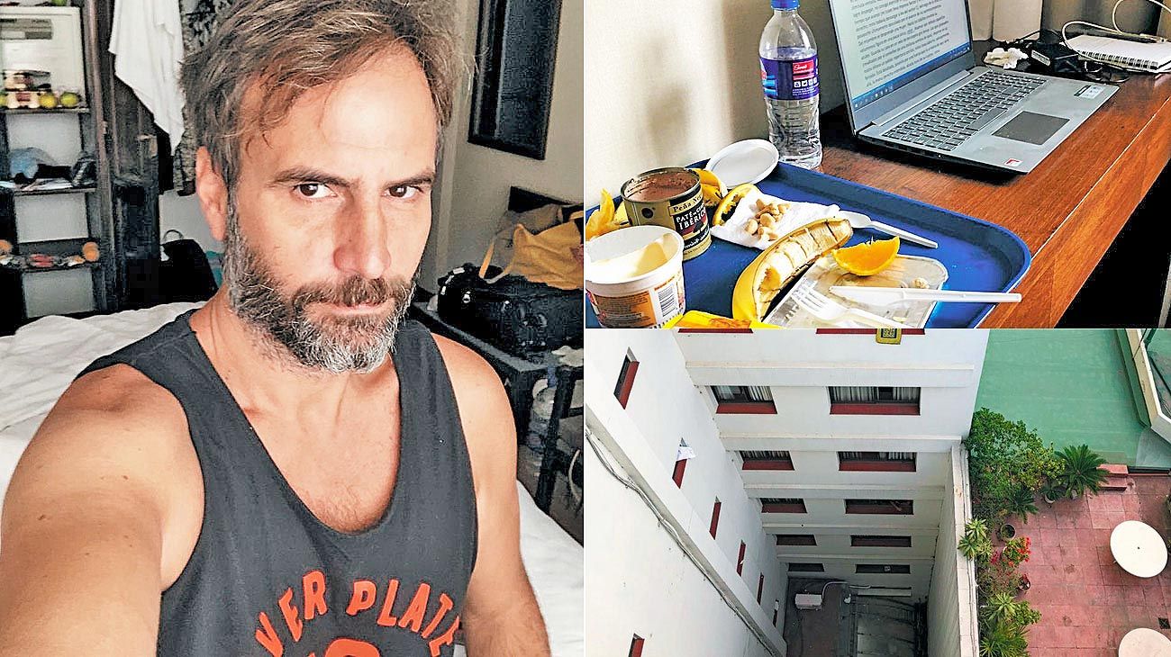 Albúm. Alejandro Bellotti está en un hotel céntrico con su computadora. Le dejan bandejas de comida y solo ve un pulmón de manzana.