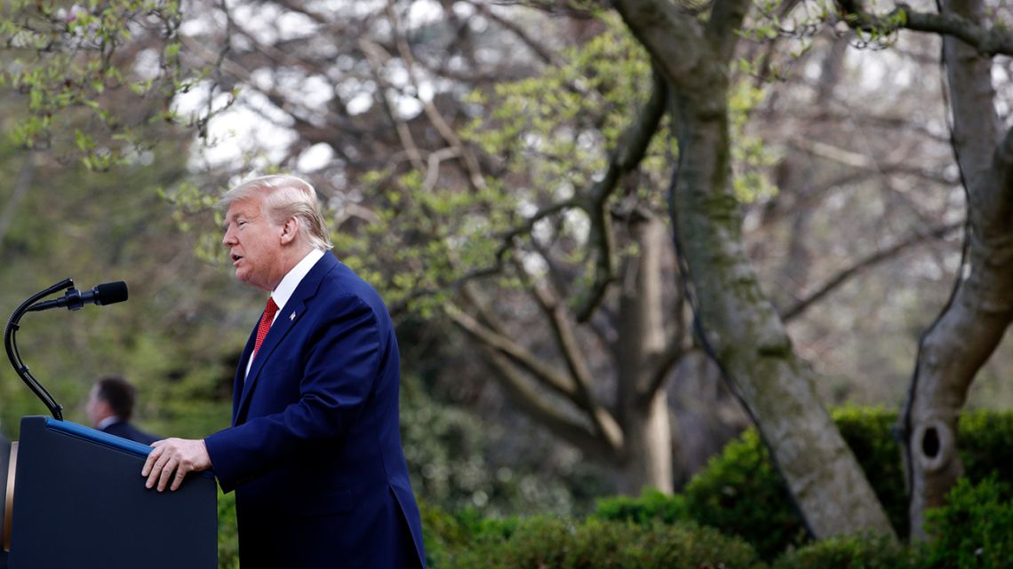 US President Donald Trump speaks during a coronavirus task force briefing in the Rose Garden of the White House, Sunday, March 29, 2020, in Washington.