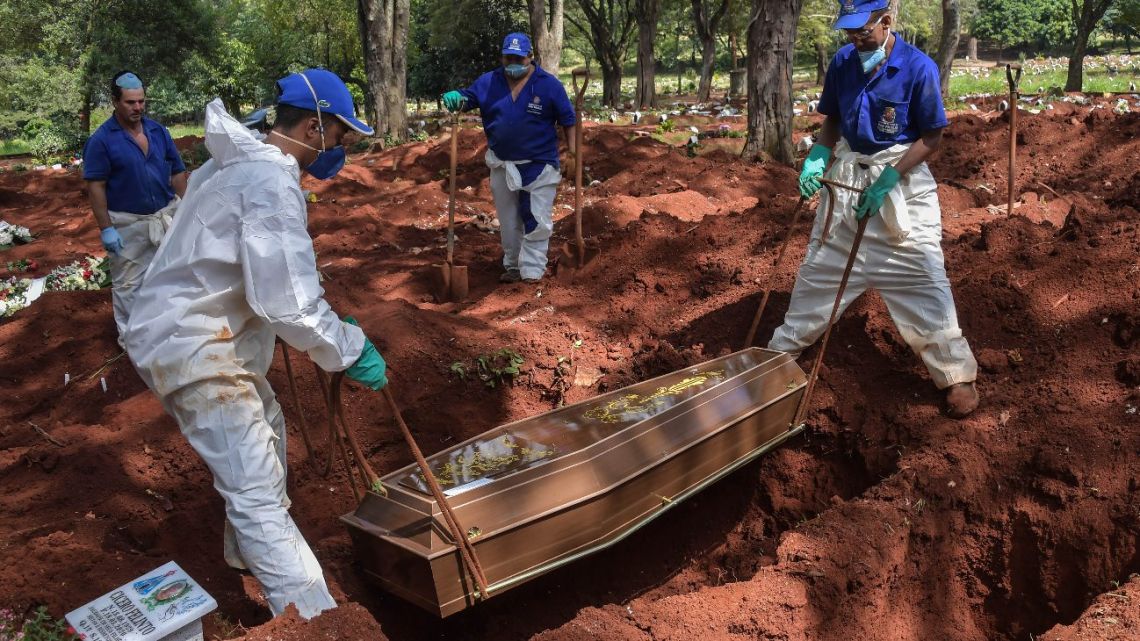 Employees bury a person who died suspectedly from COVID-19 at the Vila Formosa cemetery, in the outskirts of Sao Paulo, Brazil on March 31, 2020. 