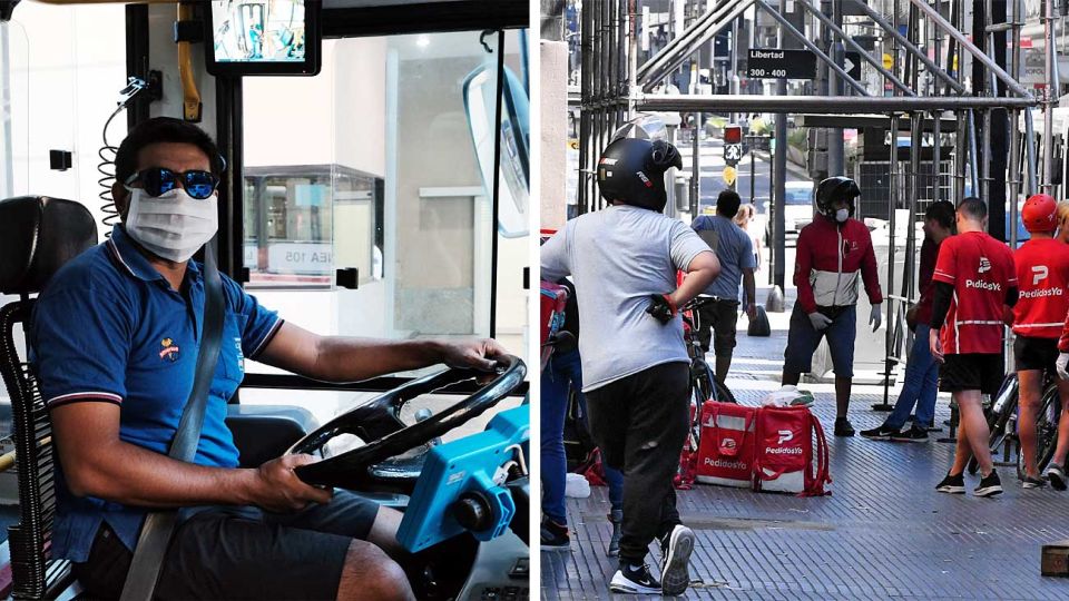 En funciones. Los mensajeros se ven por toda la Ciudad. Barrenderos, colectiveros y recolectores suman barbijos y guantes.