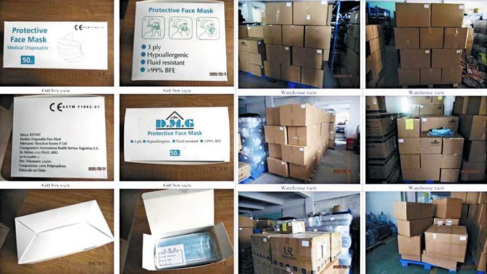 Imágenes. Las cajas de barbijos ya comprados se acumulan en un depósito de proveedores chinos.