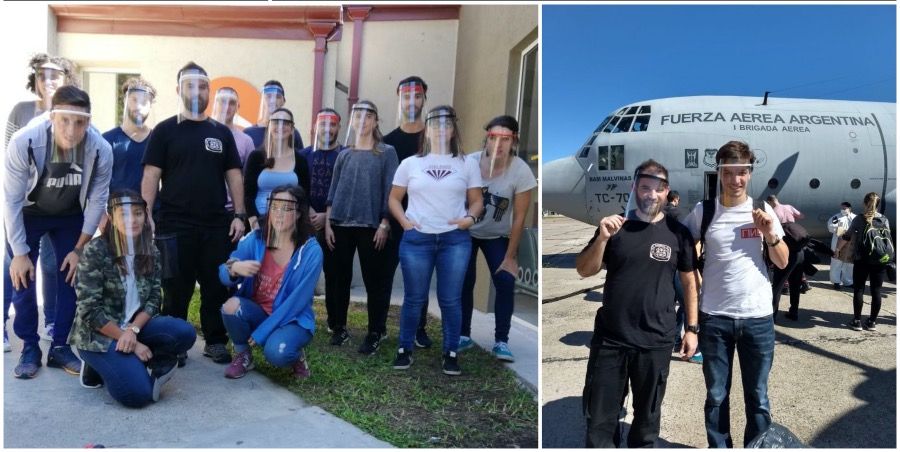 Un grupo de gente CNC Estudio con las máscaras que se enviarán en el avión Hércules al Chaco.