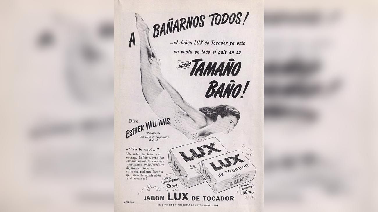 1950. Lux asoció su marca a actrices de todo el mundo. Tenía “aceites suavizantes embellecedores”.