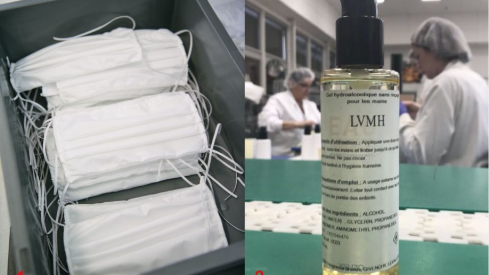 Sin monograma. 1. Trescientos artesanos de Louis Vuitton ahora fabrican barbijos para donar. 2. La firma LVMH usa el alcohol de sus perfumes Dior, Givenchy y Guerlain para hacer alcohol sanitizante.