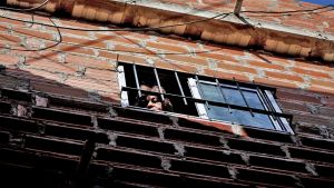 Woman looking through window during lockdown.