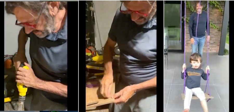 Manos a la obra, en cuarentena: con una tabla de cocina, Federico Alvarez Castillo fabrica una hamaca para calmar la adrenalina infantil de su hijo de 3 años.