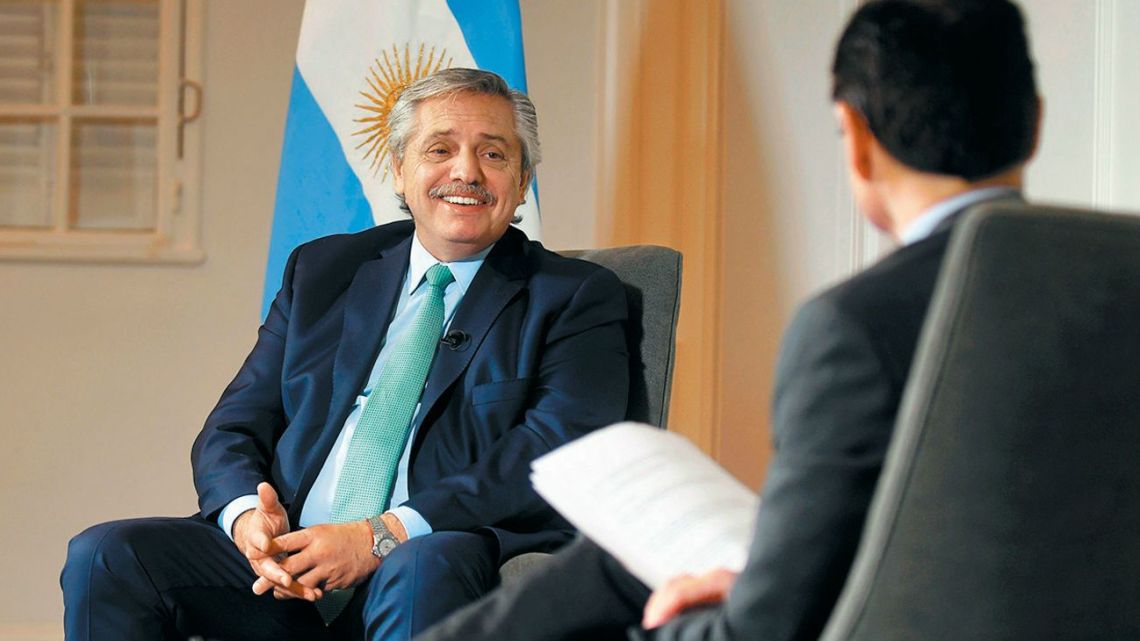 President Alberto Fernández, pictured during an interview at the Olivos presidential residence with Perfil's Jorge Fontevecchia.