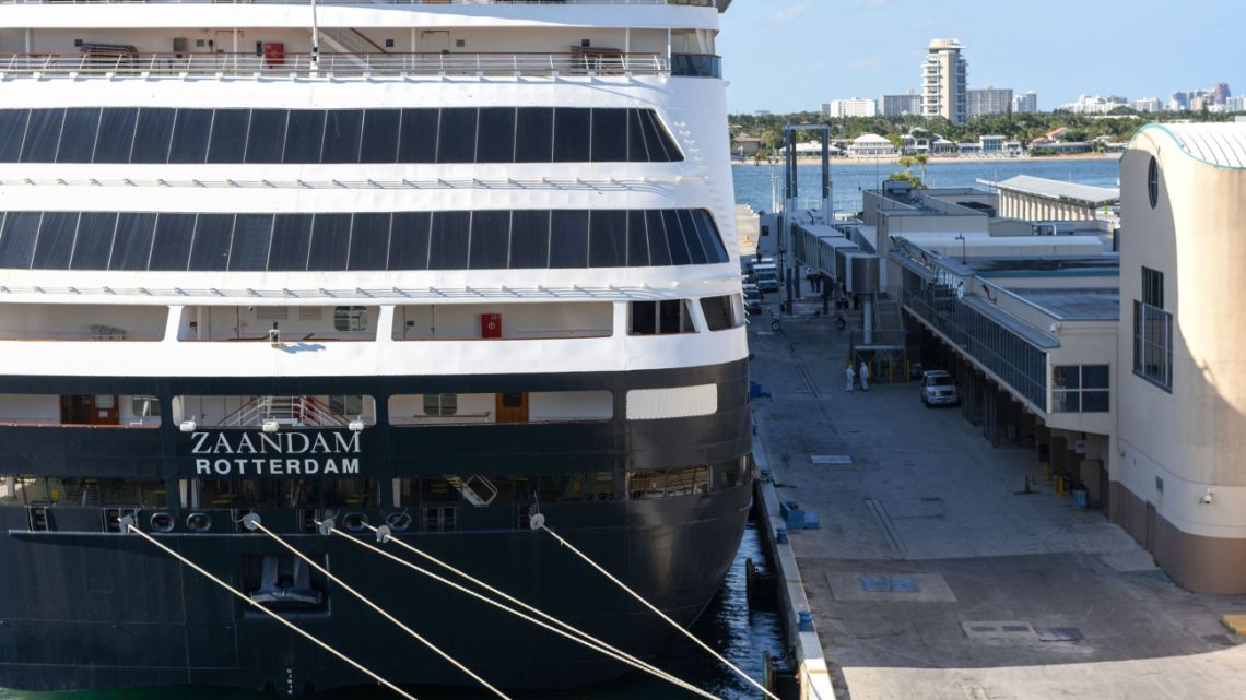 The Holland America Line Inc. Zaandam cruise ship sits docked at the Port of Everglades in Fort Lauderdale, Florida, on April 2. 