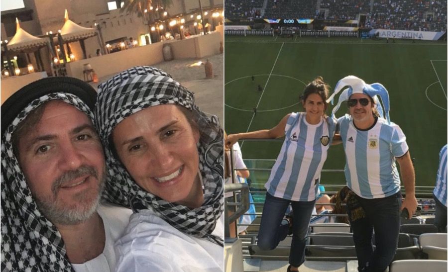 Ignacio Sáenz Valiente y su mujer, en el desierto (izq.), y en una partido de la Selección Argentina