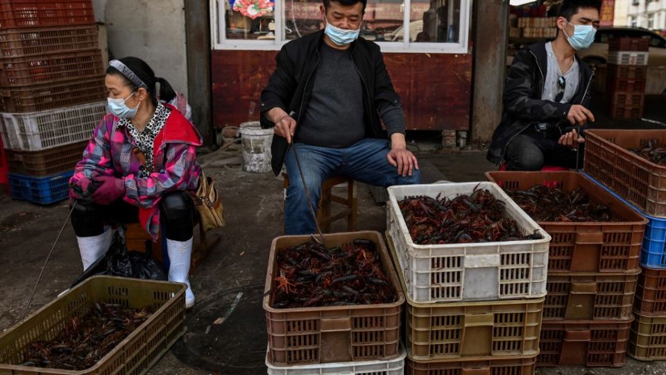 En un gran mercado de alimentos en la ciudad china de Wuhan los carteles prohíben la venta de animales salvajes y aves de corral, mientras los altavoces reproducen una y otra vez mensajes que celebran la "victoria" sobre el nuevo coronavirus.