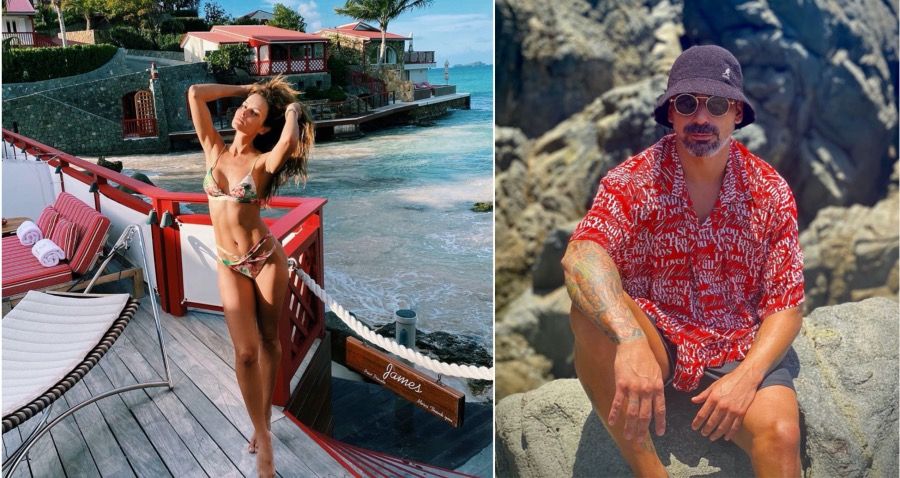 Lavezzi en la playa de la casa que alquiló en St. Barthélemy. Allí pasa la cuarentena con su novia Natalia Borges (izq.).