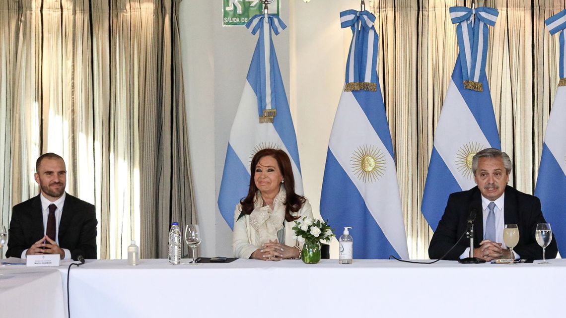 President Alberto Fernandez (right), Vice-President Cristina Fernández de Kirchner (centre) and Economy Minister Martín Guzmán, pictured during a working meeting with governors at the Olivos Presidential Residence.
