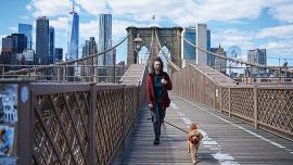 Mujer pasea a su perro por el puente de Brooklyn.