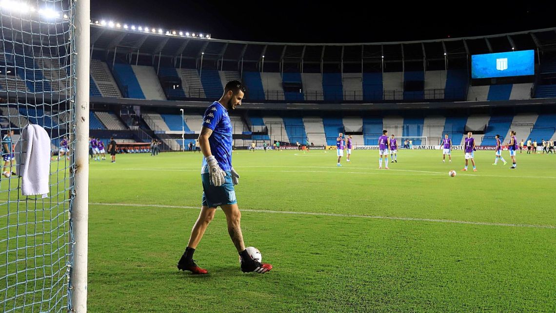 Argentina's Racing club player warms up before a football game against Alianza Lima in March 17, 2020.  