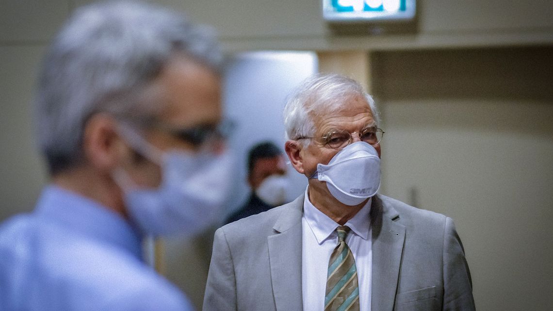 European High Representative of the Union for Foreign Affairs, Josep Borrell, wearing a face mask, attends a video conference with Europeans Foreign Ministers in Brussels, Belgium, on April 22, 2020.