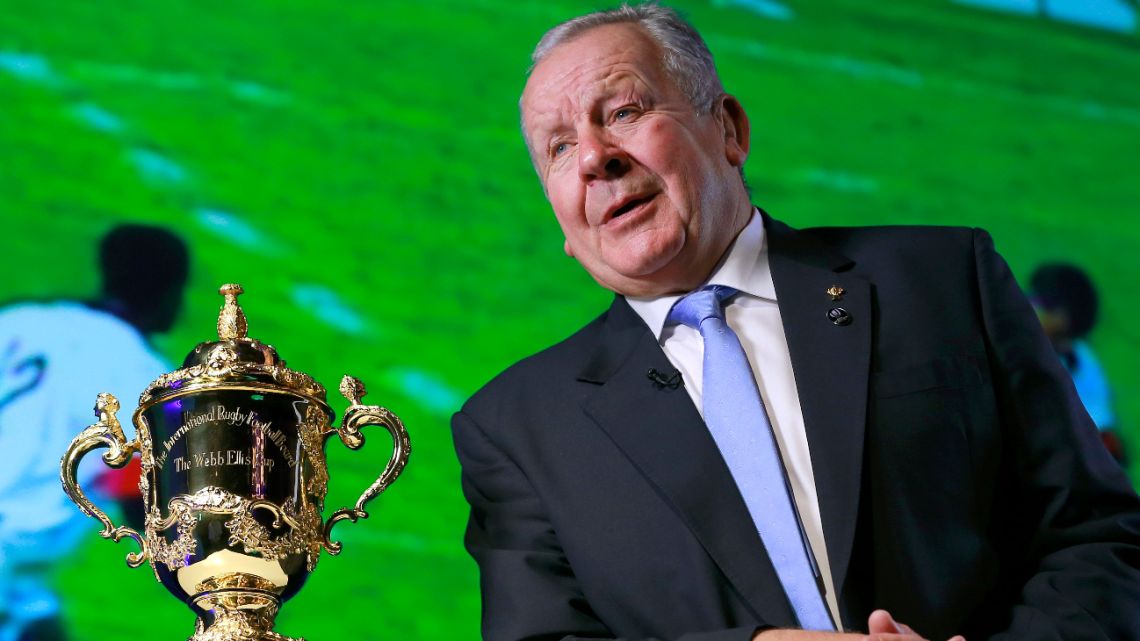 In this Thursday, November 2, 2017 file photo, World Rugby Chairman Bill Beaumont speaks beside the Webb Ellis Cup during an interview before the match schedule announcement for the 2019 Rugby World Cup in Tokyo.