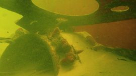 Se identifica perfectamente el eje de mando de ambas ruedas laterales de 15 centímetros de diámetro sujeto al casco.