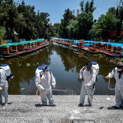 El personal de limpieza que usa equipo de protección personal (PPE) desinfecta el embarcadero de Xochimilco en la Ciudad de México, el 5 de mayo de 2020, en medio de la nueva pandemia de coronavirus. (Foto por PEDRO PARDO / AFP) | Foto:AFP