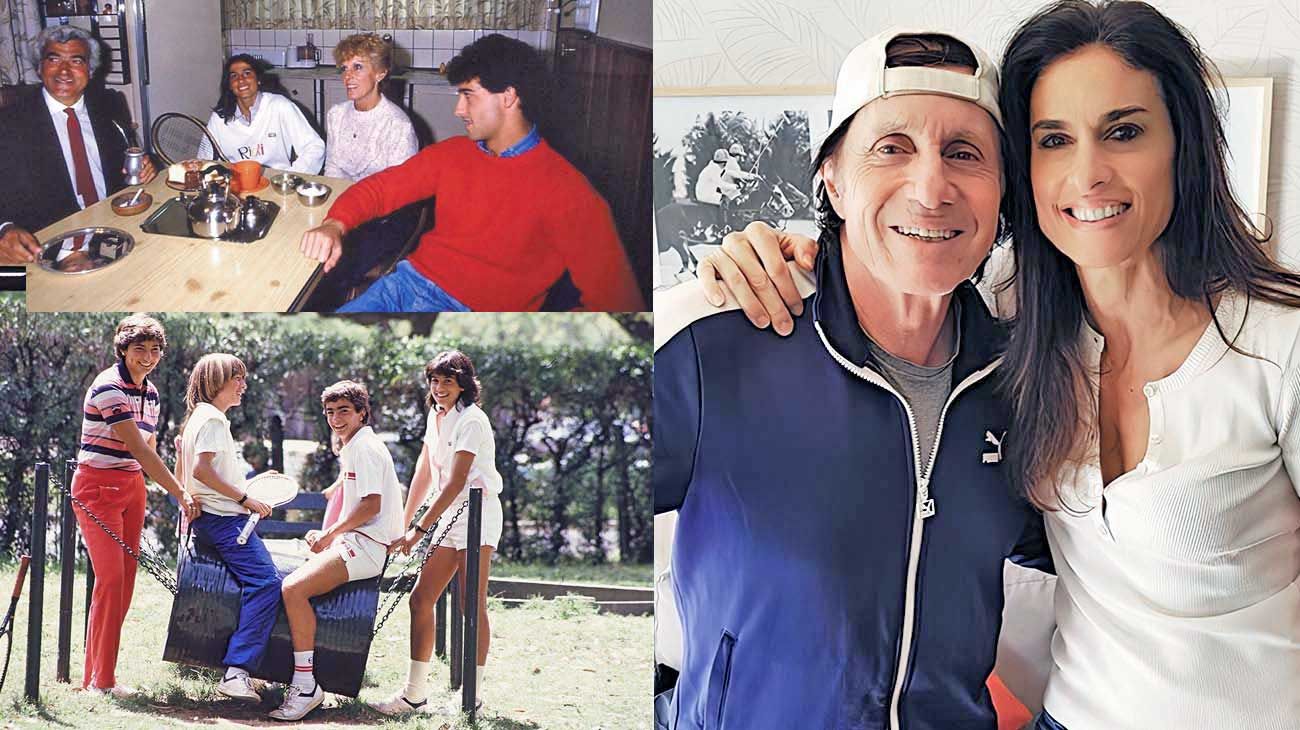 Álbum. Junto a su familia en la casa de Devoto (izq. arriba). Con Mercedes Paz, Franco Davin y Pérez Roldán en 1984 en el Lawn Tennis (izq. abajo). Y con Vilas en Buenos Aires (der.).